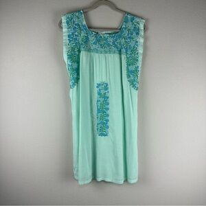 J.Marie Green Blue Embroidered Casual Coastal Grandma Mini Dress Size Small